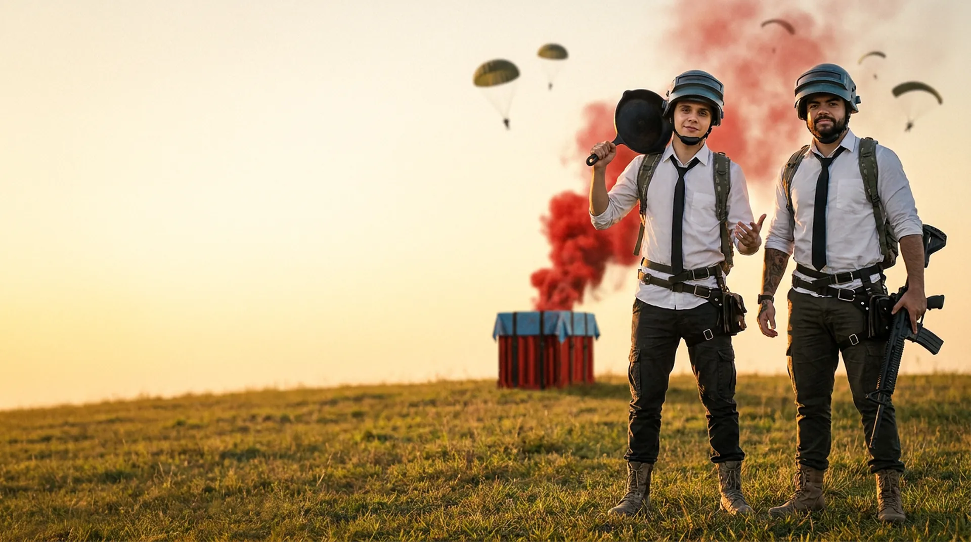 Paulinho e Luqueta em cosplay de PUBG MOBILE, imagem gerada com IA