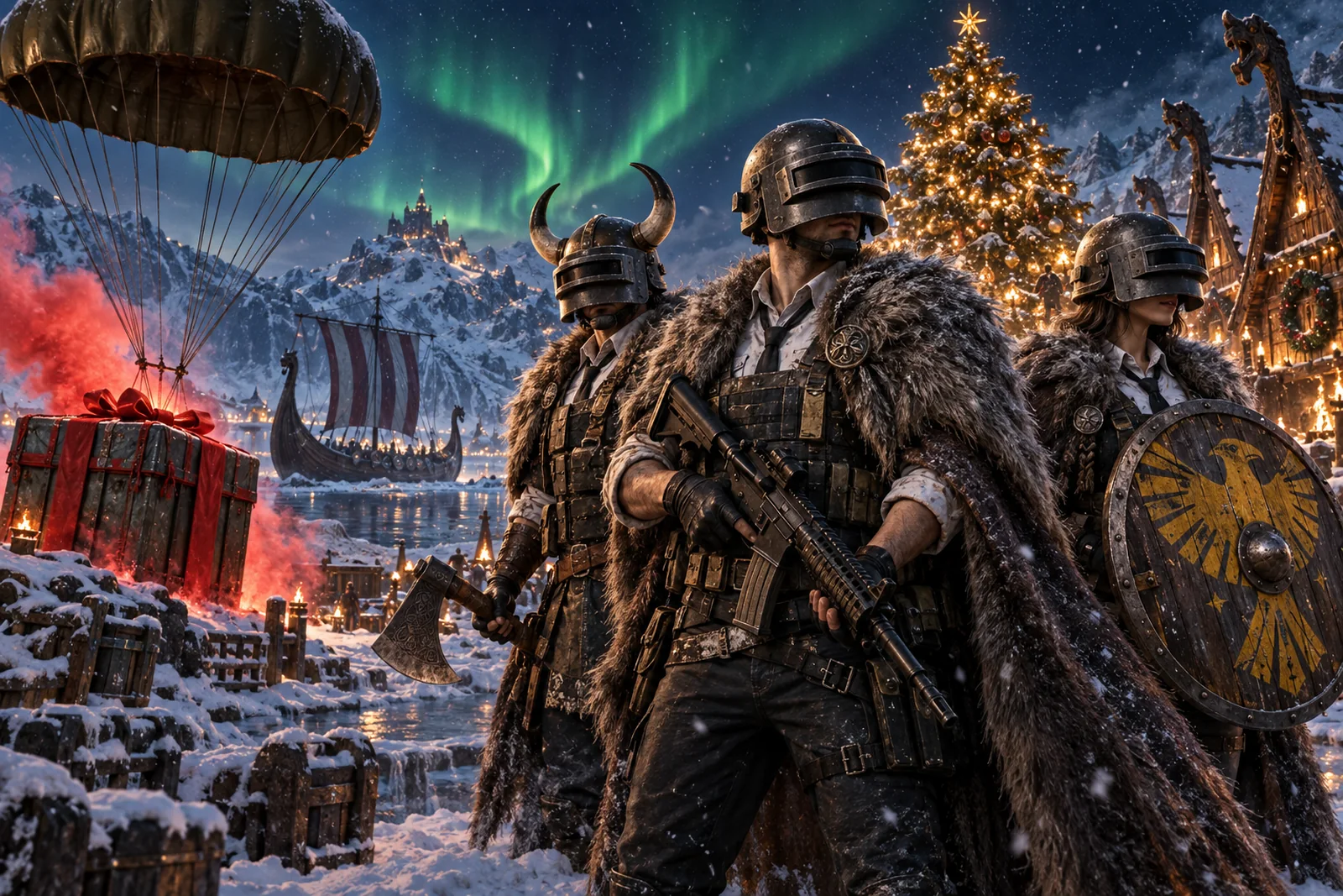 Squad do PUBG MOBILE com capas vikings numa vila nórdica no Natal, arte gerada com IA